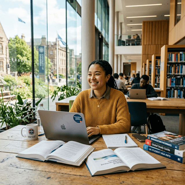 Student studying abroad in a university library